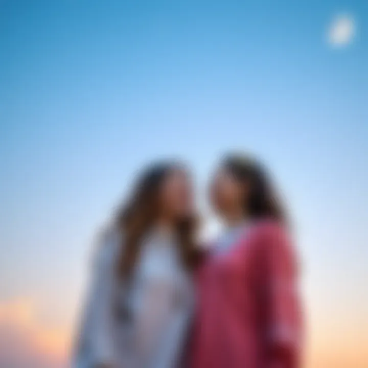 Two sisters of different astrological signs laughing and sharing a moment under a starry sky with moon and Venus in the background.