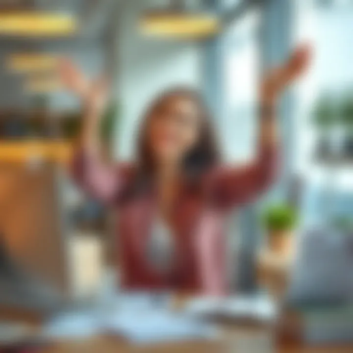 A young woman happily celebrating her job raise with a smile and raised hands, sitting at a desk with a computer and paperwork around her.
