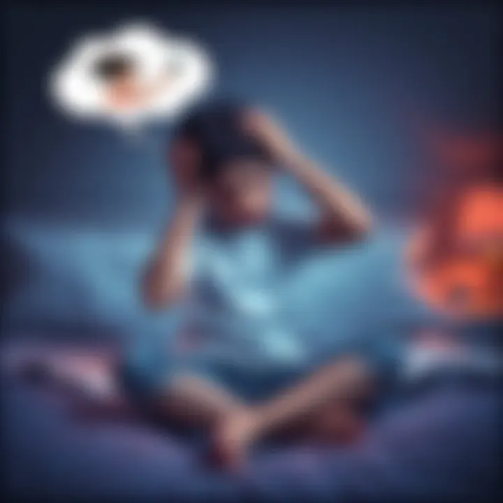 A concerned girl sitting on a bed, holding her head in pain, with a dreamy thought bubble showing her older sister in danger.