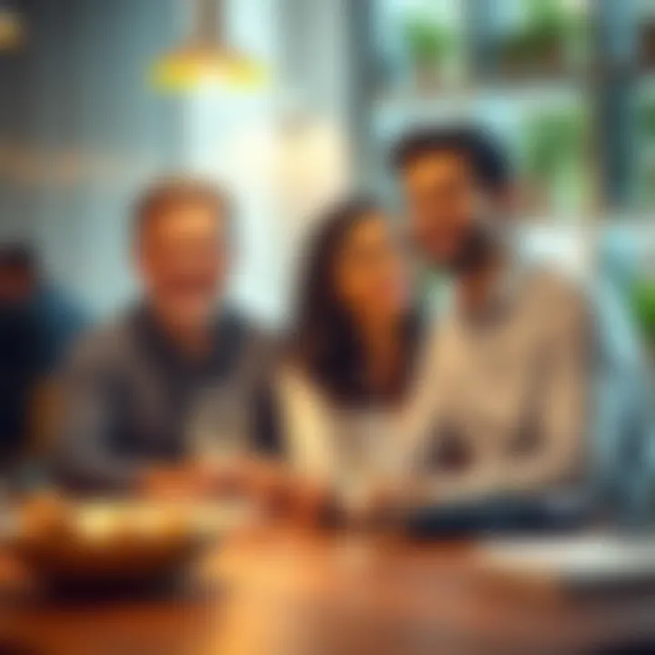 A happy couple sitting together at a table, discussing their future, with a warm and inviting atmosphere.