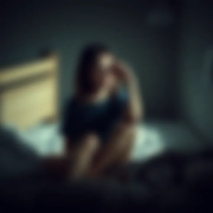 A young woman sits on a bed, surrounded by dim light, looking puzzled while holding her head, with shadows and eerie visuals in the background.