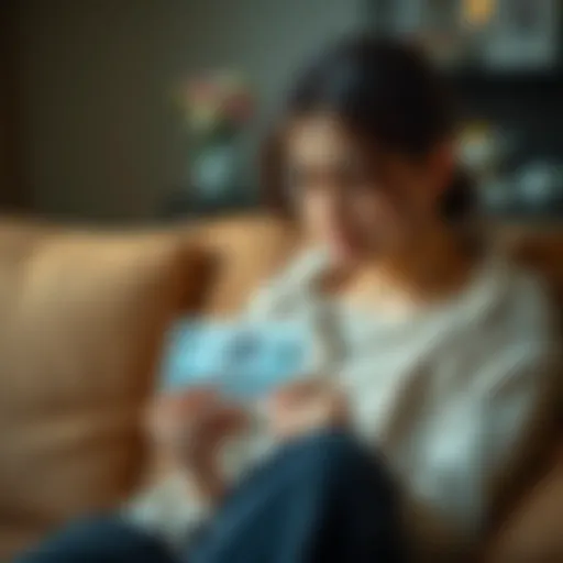 A woman sitting on a couch looking sad and lost, with a family photo in her hands, symbolizing the struggle of addiction in a familial context