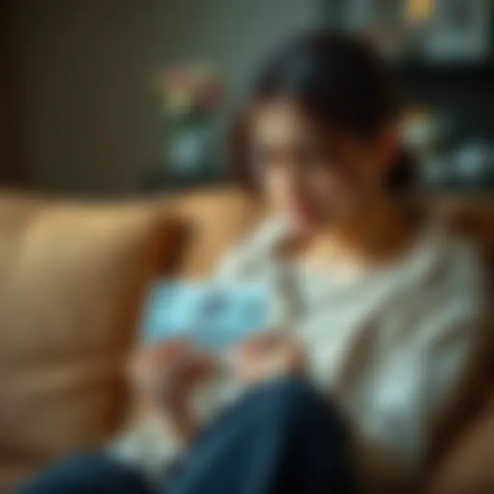 A woman sitting on a couch looking sad and lost, with a family photo in her hands, symbolizing the struggle of addiction in a familial context