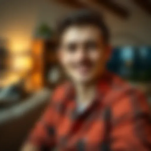 A portrait of a young man with a friendly smile, showcasing his casual style, sitting in a cozy living room.