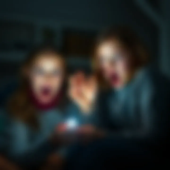 Two sisters showing surprise and fear as a flashlight is turned on in a dark room.