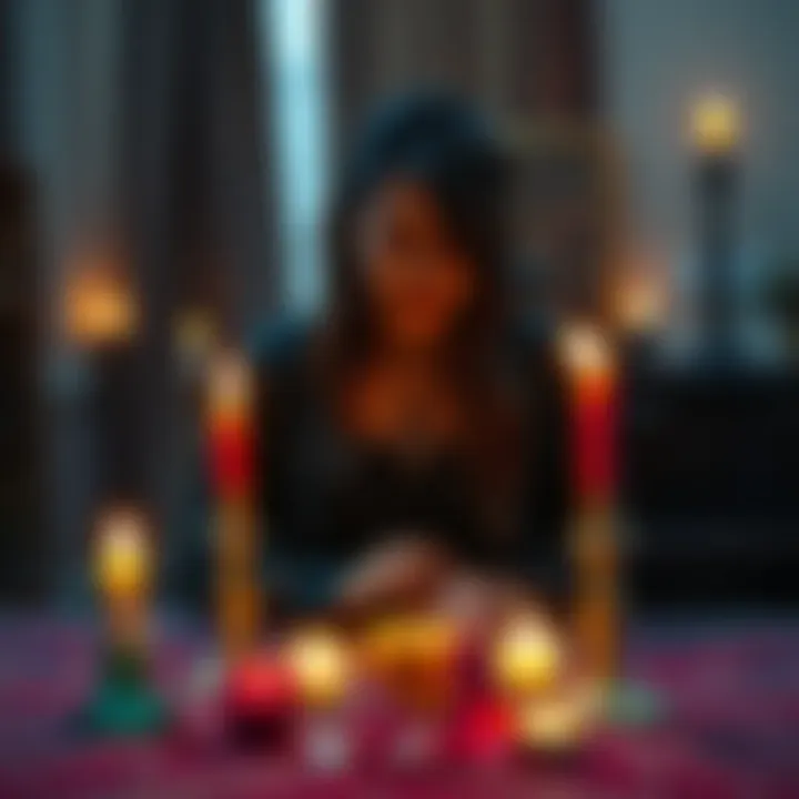 Individual sitting at a table with candles and crystals, focused on invoking Sitri to attract an ex-lover back