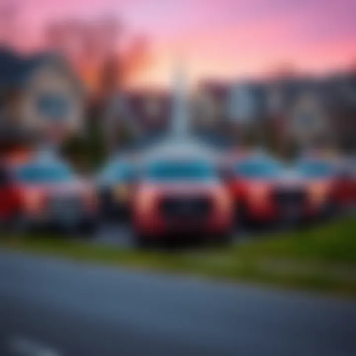 Six parked trucks in a neighborhood A group of six Ford F150 and F250 trucks parked in a residential area, with one near a church parking lot