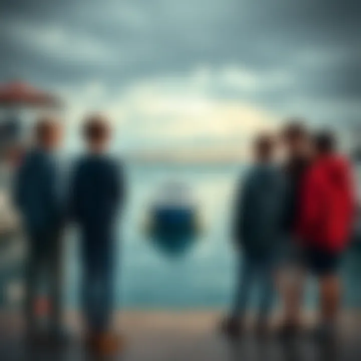Six teenage boys standing by a boat at a marina, looking out at the water