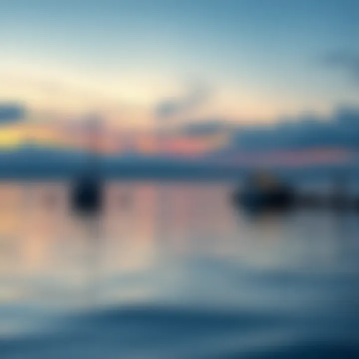 A serene view of Lake Ontario at dusk, with two empty boats anchored nearby and a sense of calm surrounding the area where six boys disappeared.