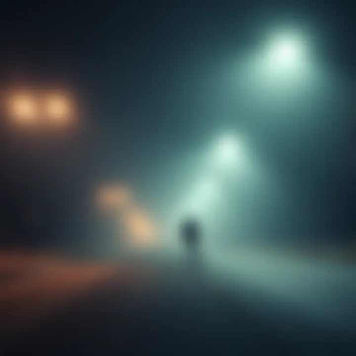 A lone skateboarder glides through the foggy streets of Smyrna, Tennessee, under a dimly lit streetlamp, creating an eerie atmosphere.