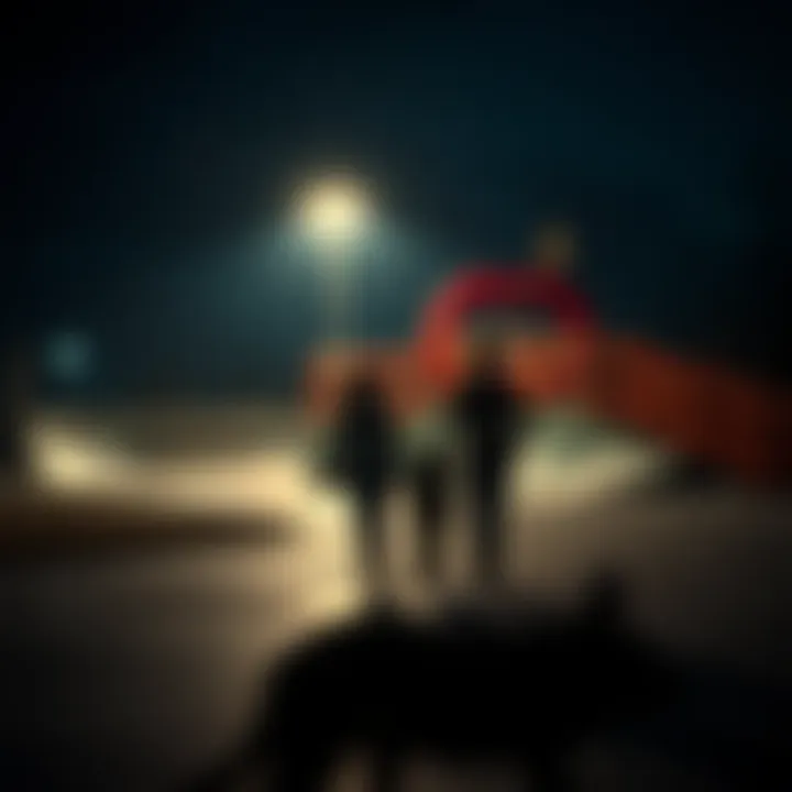 Skatepark at night with barking dogs Two friends running towards their car at a dark skatepark, with eerie sounds resembling dog barks echoing in the background