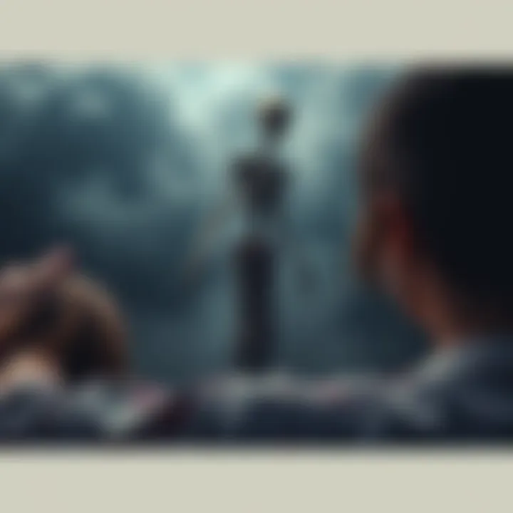 A tall, thin skeletal figure in rags looms over a frightened dreamer in a dark, foggy setting.
