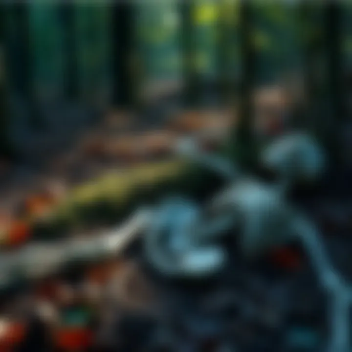 A skeletal remains found in dense woods, surrounded by fallen leaves and trees, hinting at a mysterious death