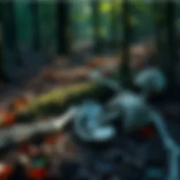 Skeleton discovered in the woods A skeletal remains found in dense woods, surrounded by fallen leaves and trees, hinting at a mysterious death