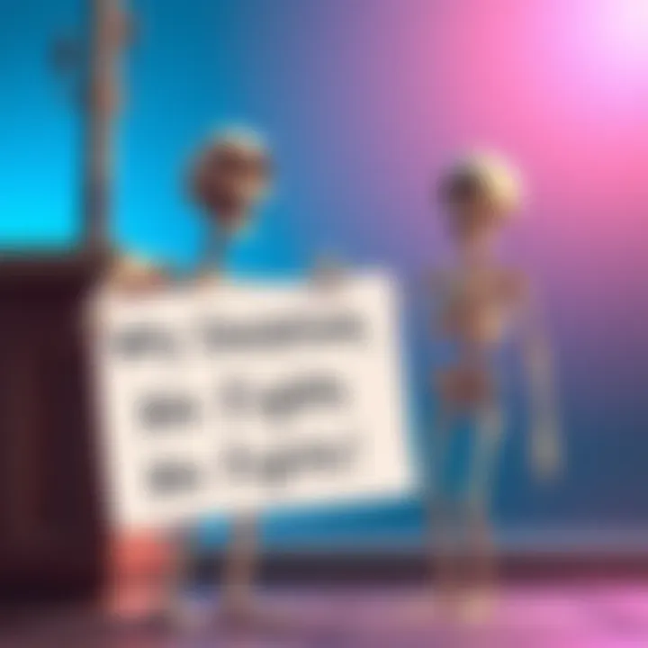 Two cartoon skeletons stand next to each other with big smiles, one holding a sign that says 'No guts, no fights!'