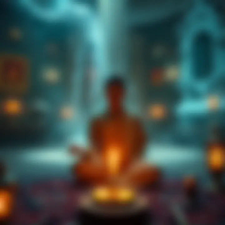 Skeptic exploring supernatural experiences A person meditating in a serene environment, surrounded by symbols of Buddhism and supernatural elements, looking for genuine encounters.