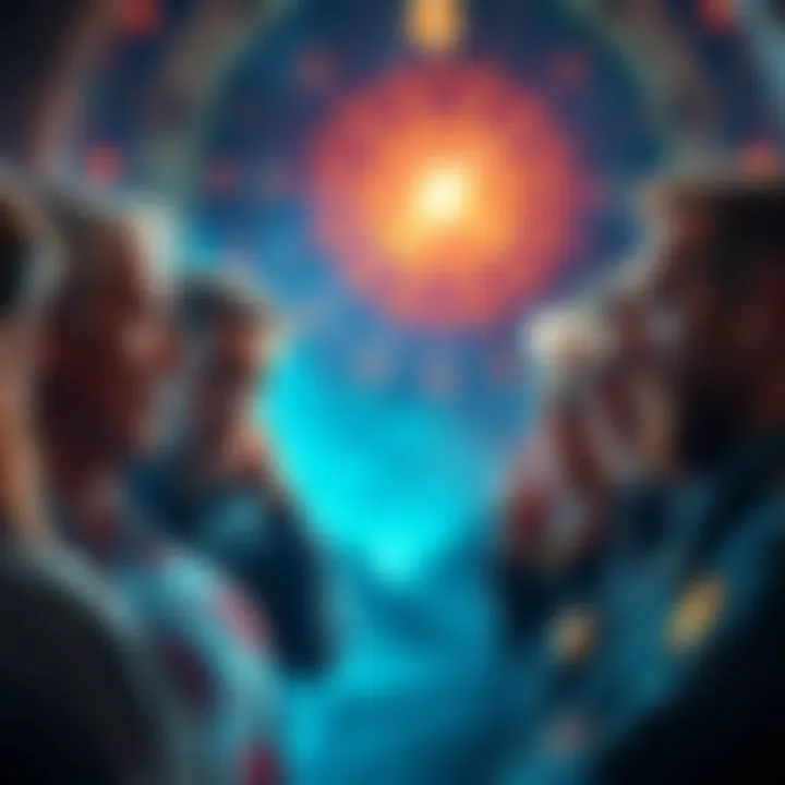 Group of experienced astral projectors discussing their doubts about shifting reality, with concerned expressions and a mystical background.