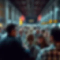 A group of people gathered in a public space, engaged in animated discussions about Haim Eshed's alien claims, with skeptical expressions and gestures indicating debate.