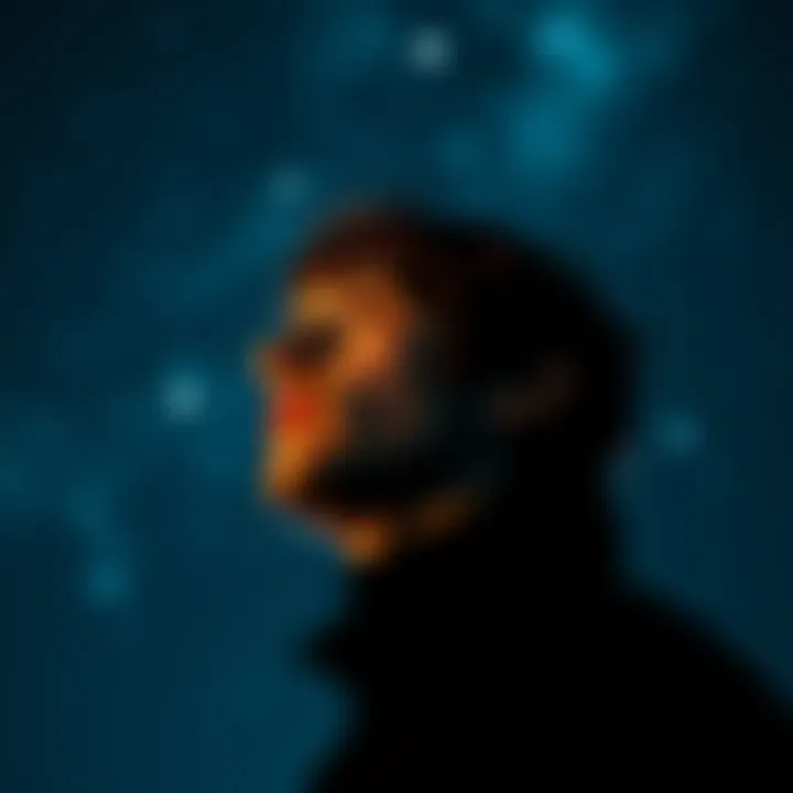 A person gazes at the night sky with stars, contemplating the existence of aliens, showing doubt and curiosity.