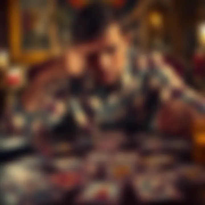 A skeptical individual examining tarot cards spread out on a table, indicating doubt about the authenticity of readings