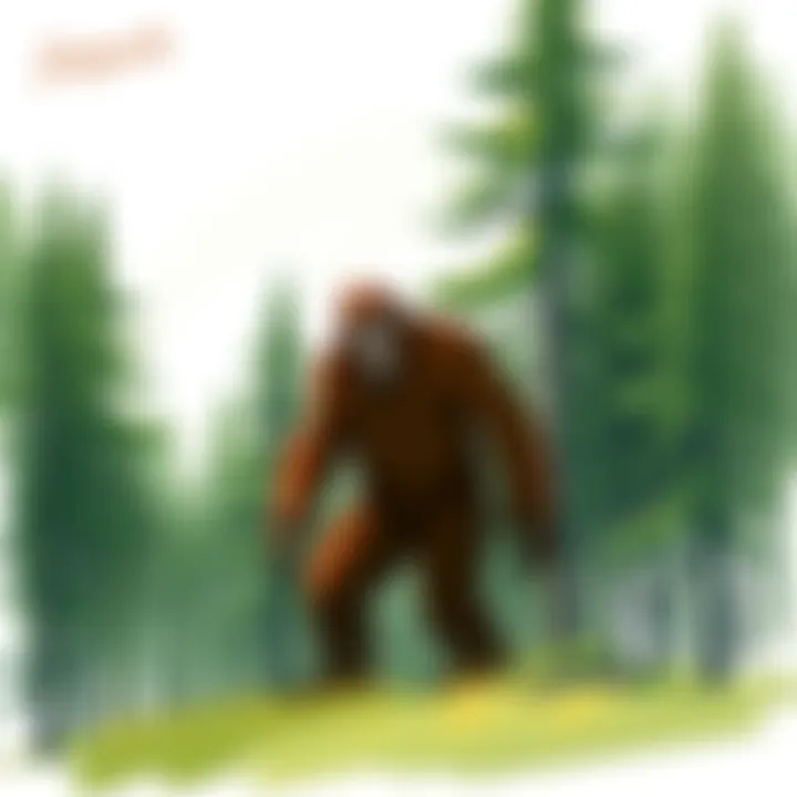 A detailed sketch depicting Sasquatch standing among trees, showcasing its large frame and distinctive features.