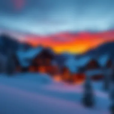 Ski Resort Lodge at Sunset A cozy ski resort lodge surrounded by snowy mountains during sunset, showing warm lights glowing from the windows