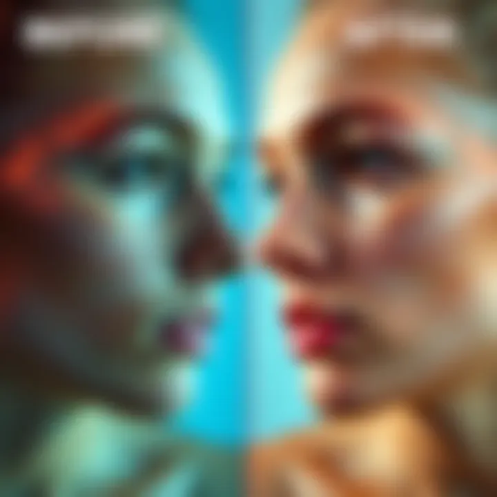 A side-by-side comparison of clear skin and skin with a breakout, showing noticeable improvement after treatment.