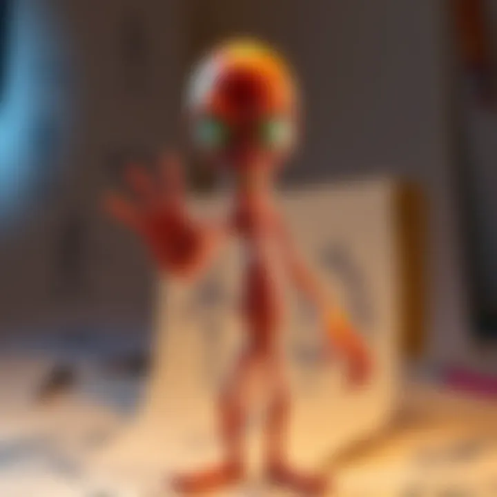 A character resembling Skinny Bob with distinctive hand and limb proportions, linked to the style of Mars Attacks, set against a backdrop of animation sketches.