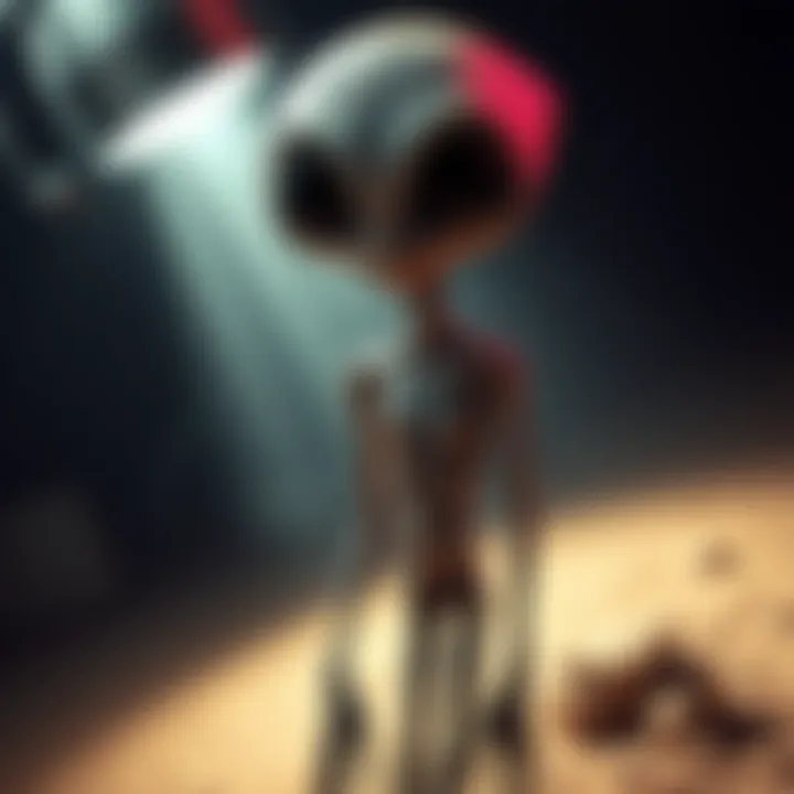 A depiction of Skinny Bob, an alien figure, with large eyes and a slender body, standing under a spotlight, suggesting scrutiny and debate about its authenticity.