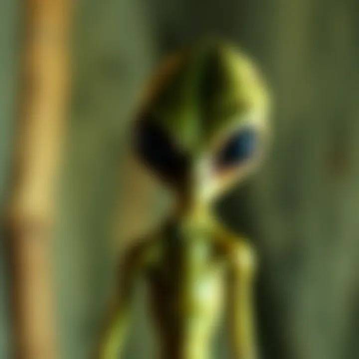 A still from the Skinny Bob alien video showing a figure resembling an extraterrestrial being with large eyes and a slender body, set against a blurred background.