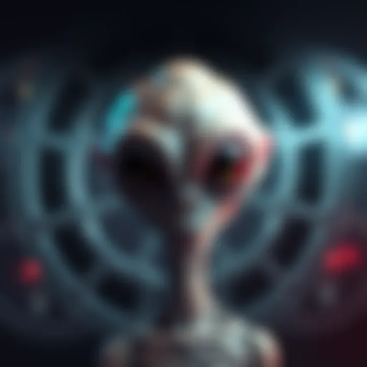 A conceptual drawing of Skinny Bob, an alien character, with a focus on its distinctive large head and big eyes, set against a film reel background.