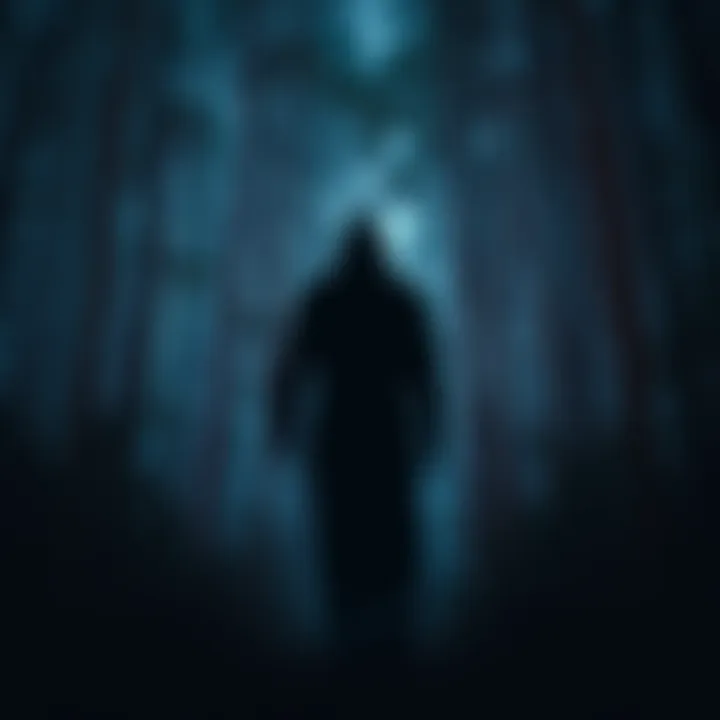 A shadowy figure resembling a Skinwalker walks through a dense, eerie forest at night