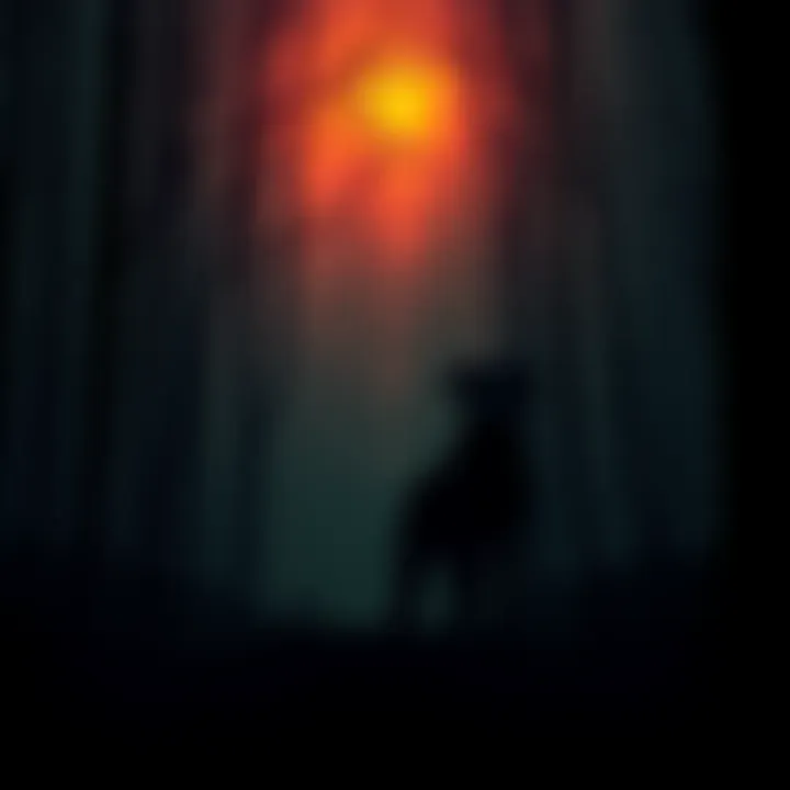 A shadowy figure resembling a dog stands among trees in a dark forest, highlighting the folklore of the Skinwalker Dog.