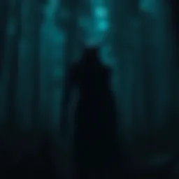 A shadowy figure resembling a skinwalker stands among trees in a dark forest, looking mysterious and eerie.