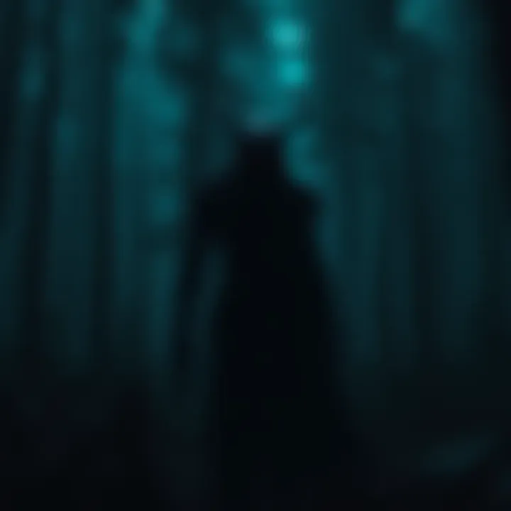 A shadowy figure resembling a skinwalker stands among trees in a dark forest, looking mysterious and eerie.