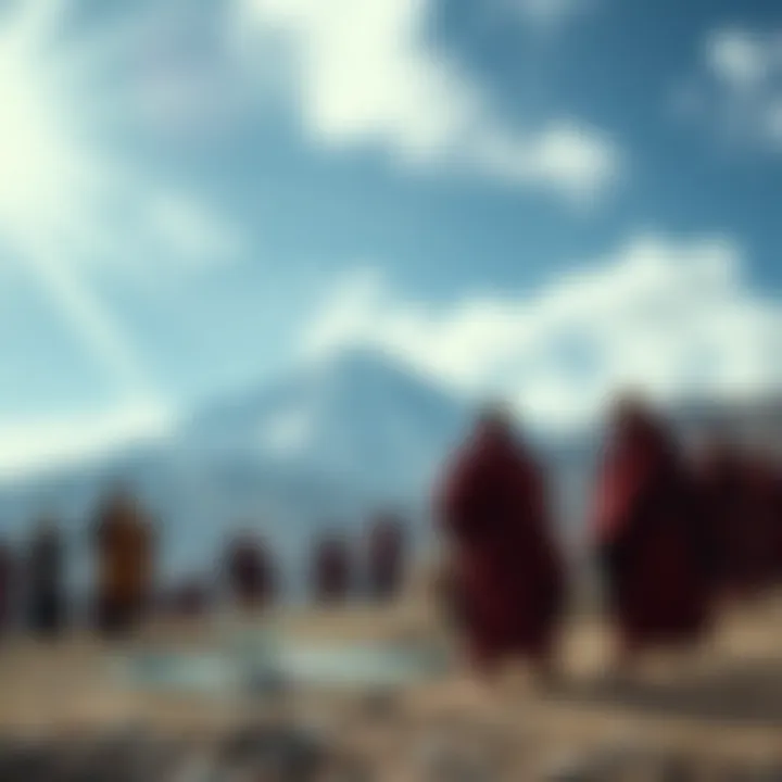 A Sky Burial ceremony in Tibet, featuring monks and locals performing rituals near a mountain setting.