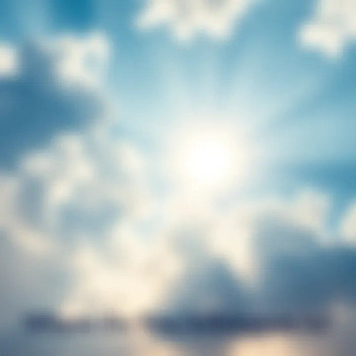 A bright sky filled with fluffy white clouds and soft rays of light shining through, symbolizing a hopeful view of heaven.