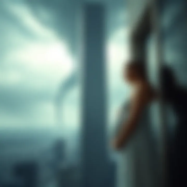 A pregnant woman looks out from a tall skyscraper as a tornado approaches, symbolizing her emotional journey and life changes.
