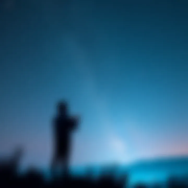 Skywatcher Observing the Night Sky A person standing outside, gazing up at the starry night sky filled with bright stars and potential UFO sightings, contemplating the meaning of their experience.