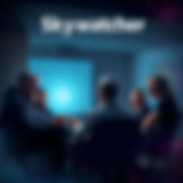 Skywatcher team members gathered in a dimly lit room, discussing plans with serious expressions.