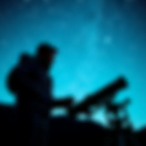 A skywatcher using a telescope to observe stars in a clear night sky, highlighting the importance of clean air for stargazing.