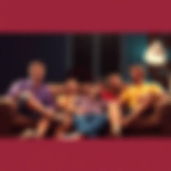 A character lounging on a couch, surrounded by friends discussing various topics, representing the film's critique of work culture.