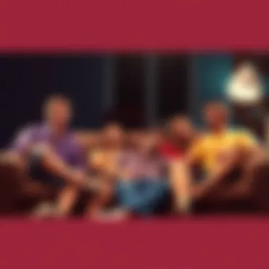 Scene from Slacker (1991) A character lounging on a couch, surrounded by friends discussing various topics, representing the film's critique of work culture.