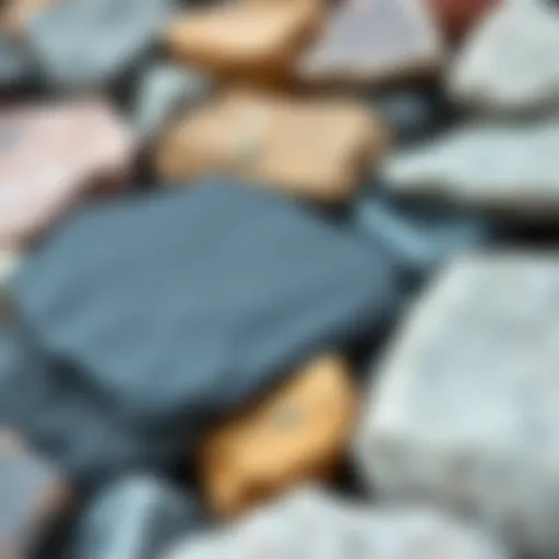 A close-up view of slate placed next to various stone types, highlighting their textures and colors.