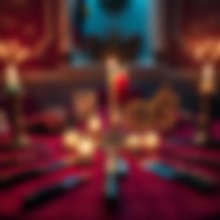 A table set for the Slava magic ritual featuring lit candles, photographs, and ceremonial knives arranged in a symbolic manner