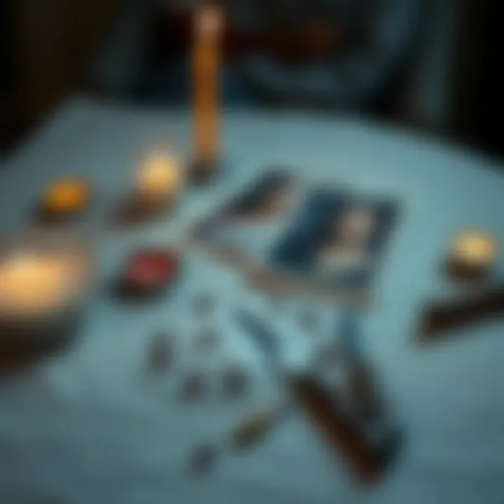 A table set with photographs, salt, and knives for a Slavic ritual, symbolizing connection or separation.