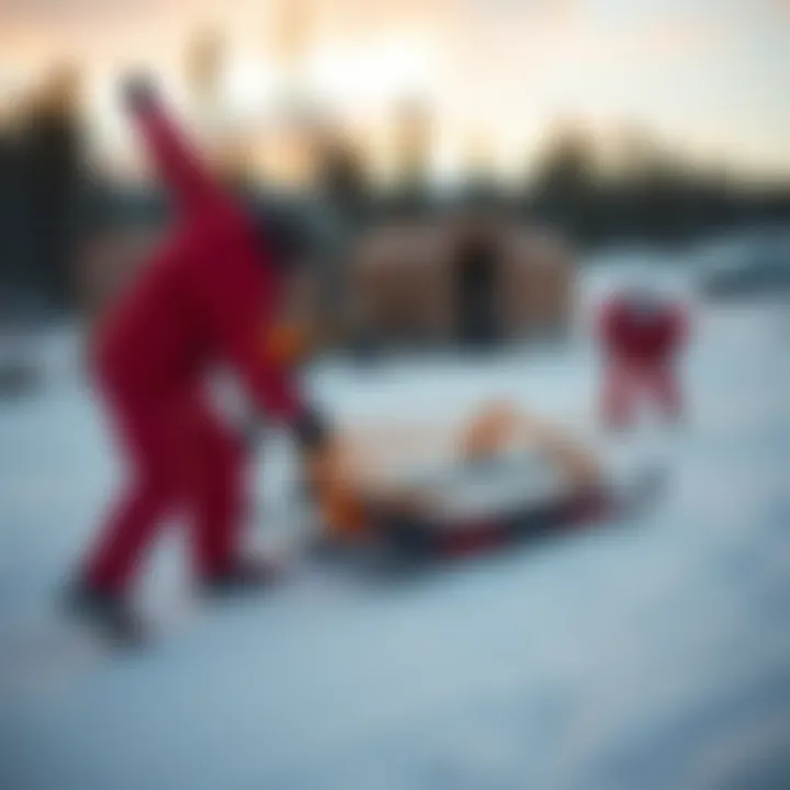 Team testing a sled design with manual rope handling techniques outdoors