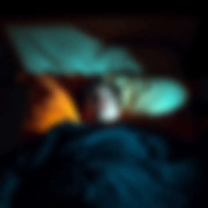 A person lying in bed with a frightened expression, surrounded by dark shadows and faint sounds, depicting a sleep paralysis episode.