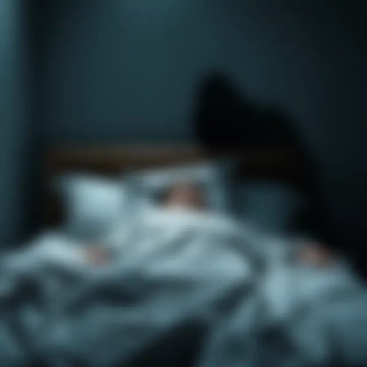 A person trapped in bed, unable to move, with a shadowy figure looming in the corner, symbolizing sleep paralysis and fear.