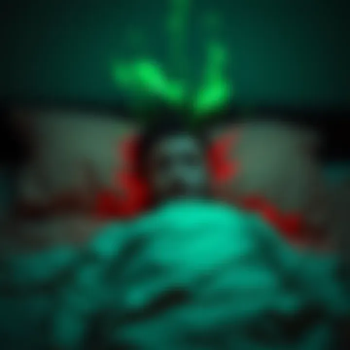 A person lying in bed wide awake with a look of fear, unable to move, surrounded by a green shadow and buzzing effects